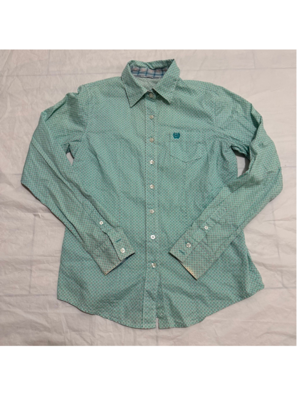 Cinch Women’s Teal Geometric Print Long Sleeve Button Down Shirt Size Medium